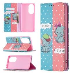 Elephant Boy and Girl Slim Magnetic Attraction Wallet Flip Cover for Huawei P50