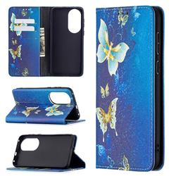 Gold Butterfly Slim Magnetic Attraction Wallet Flip Cover for Huawei P50