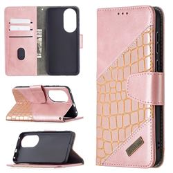 BinfenColor BF04 Color Block Stitching Crocodile Leather Case Cover for Huawei P50 - Rose Gold