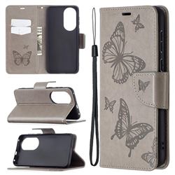 Embossing Double Butterfly Leather Wallet Case for Huawei P50 - Gray