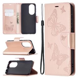 Embossing Double Butterfly Leather Wallet Case for Huawei P50 - Rose Gold