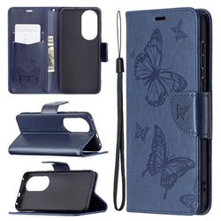 Embossing Double Butterfly Leather Wallet Case for Huawei P50 - Dark Blue