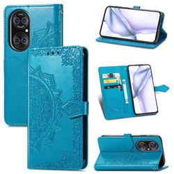 Embossing Imprint Mandala Flower Leather Wallet Case for Huawei P50 - Blue