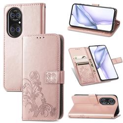 Embossing Imprint Four-Leaf Clover Leather Wallet Case for Huawei P50 - Rose Gold