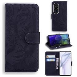 Intricate Embossing Tiger Face Leather Wallet Case for Huawei P50 - Black