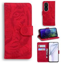 Intricate Embossing Tiger Face Leather Wallet Case for Huawei P50 - Red