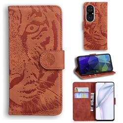 Intricate Embossing Tiger Face Leather Wallet Case for Huawei P50 - Brown