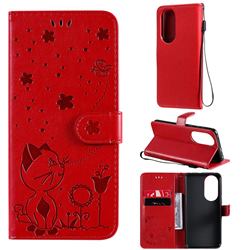 Embossing Bee and Cat Leather Wallet Case for Huawei P50 - Red