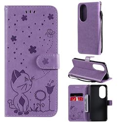 Embossing Bee and Cat Leather Wallet Case for Huawei P50 - Purple
