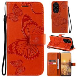Embossing 3D Butterfly Leather Wallet Case for Huawei P50 - Orange