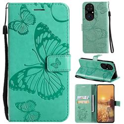 Embossing 3D Butterfly Leather Wallet Case for Huawei P50 - Green