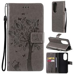 Embossing Butterfly Tree Leather Wallet Case for Huawei P50 - Grey