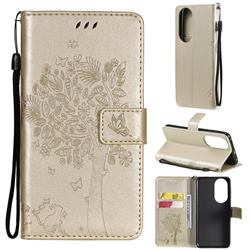 Embossing Butterfly Tree Leather Wallet Case for Huawei P50 - Champagne