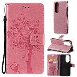 Embossing Butterfly Tree Leather Wallet Case for Huawei P50 - Pink
