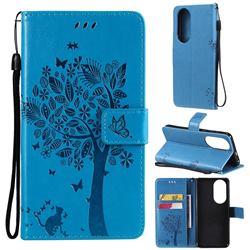 Embossing Butterfly Tree Leather Wallet Case for Huawei P50 - Blue