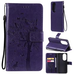 Embossing Butterfly Tree Leather Wallet Case for Huawei P50 - Purple