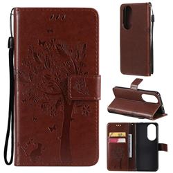 Embossing Butterfly Tree Leather Wallet Case for Huawei P50 - Coffee