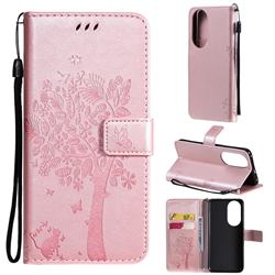 Embossing Butterfly Tree Leather Wallet Case for Huawei P50 - Rose Pink