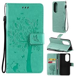 Embossing Butterfly Tree Leather Wallet Case for Huawei P50 - Cyan