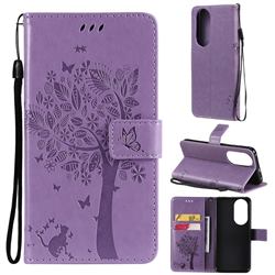 Embossing Butterfly Tree Leather Wallet Case for Huawei P50 - Violet