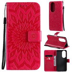 Embossing Sunflower Leather Wallet Case for Huawei P50 - Red