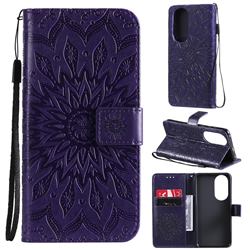 Embossing Sunflower Leather Wallet Case for Huawei P50 - Purple