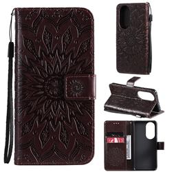 Embossing Sunflower Leather Wallet Case for Huawei P50 - Brown