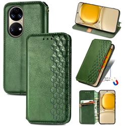 Ultra Slim Fashion Business Card Magnetic Automatic Suction Leather Flip Cover for Huawei P50 - Green