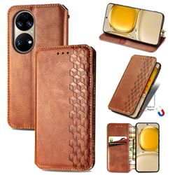 Ultra Slim Fashion Business Card Magnetic Automatic Suction Leather Flip Cover for Huawei P50 - Brown