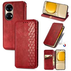 Ultra Slim Fashion Business Card Magnetic Automatic Suction Leather Flip Cover for Huawei P50 - Red