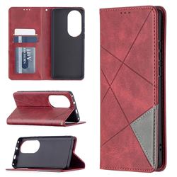 Prismatic Slim Magnetic Sucking Stitching Wallet Flip Cover for Huawei P50 Pro - Red