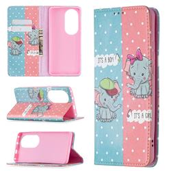 Elephant Boy and Girl Slim Magnetic Attraction Wallet Flip Cover for Huawei P50 Pro