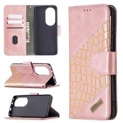 BinfenColor BF04 Color Block Stitching Crocodile Leather Case Cover for Huawei P50 Pro - Rose Gold
