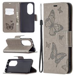Embossing Double Butterfly Leather Wallet Case for Huawei P50 Pro - Gray