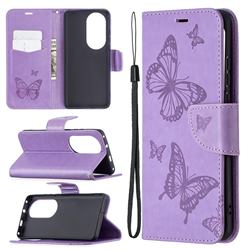 Embossing Double Butterfly Leather Wallet Case for Huawei P50 Pro - Purple