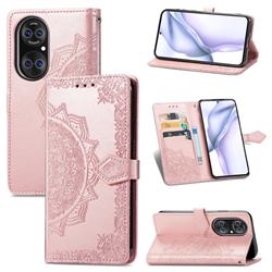 Embossing Imprint Mandala Flower Leather Wallet Case for Huawei P50 Pro - Rose Gold