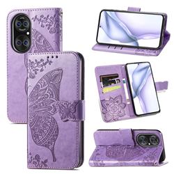 Embossing Mandala Flower Butterfly Leather Wallet Case for Huawei P50 Pro - Light Purple
