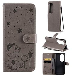 Embossing Bee and Cat Leather Wallet Case for Huawei P50 Pro - Gray