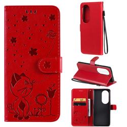 Embossing Bee and Cat Leather Wallet Case for Huawei P50 Pro - Red