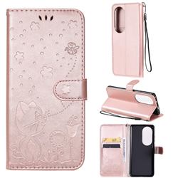 Embossing Bee and Cat Leather Wallet Case for Huawei P50 Pro - Rose Gold