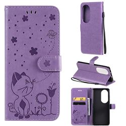 Embossing Bee and Cat Leather Wallet Case for Huawei P50 Pro - Purple