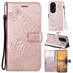 Embossing 3D Butterfly Leather Wallet Case for Huawei P50 Pro - Rose Gold