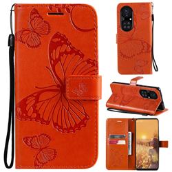 Embossing 3D Butterfly Leather Wallet Case for Huawei P50 Pro - Orange