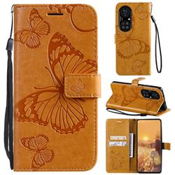 Embossing 3D Butterfly Leather Wallet Case for Huawei P50 Pro - Yellow