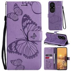 Embossing 3D Butterfly Leather Wallet Case for Huawei P50 Pro - Purple
