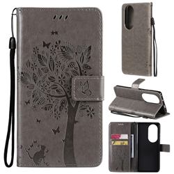 Embossing Butterfly Tree Leather Wallet Case for Huawei P50 Pro - Grey