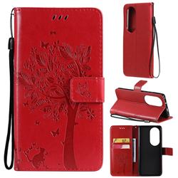 Embossing Butterfly Tree Leather Wallet Case for Huawei P50 Pro - Red