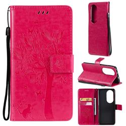 Embossing Butterfly Tree Leather Wallet Case for Huawei P50 Pro - Rose