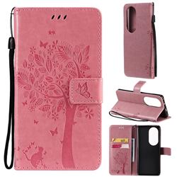 Embossing Butterfly Tree Leather Wallet Case for Huawei P50 Pro - Pink