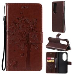 Embossing Butterfly Tree Leather Wallet Case for Huawei P50 Pro - Coffee